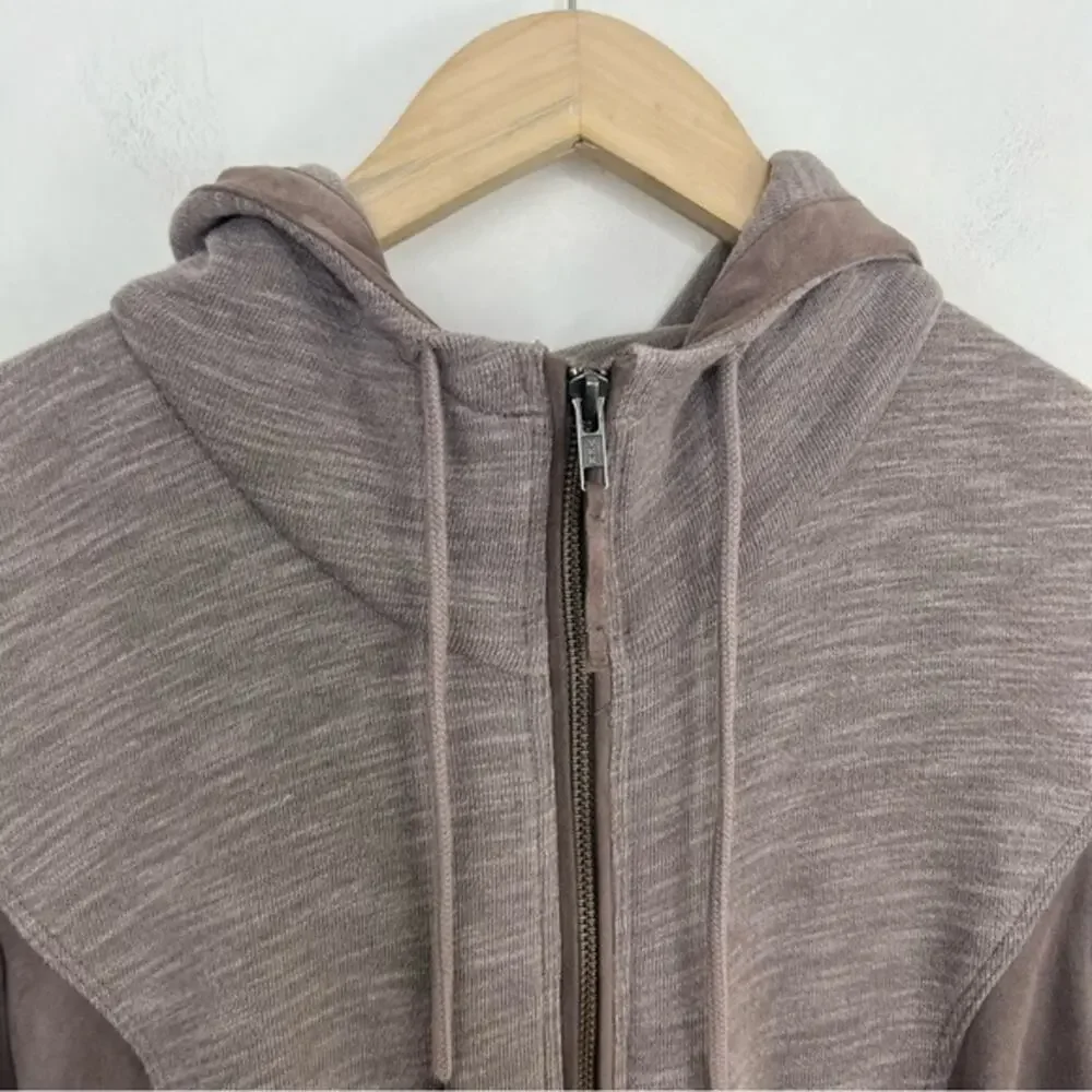 Anthropologie Akemi + Kin Taupe Abbe Full Zip Faux Suede Panel Hoodie Sweatshirt - Picture 5 of 15